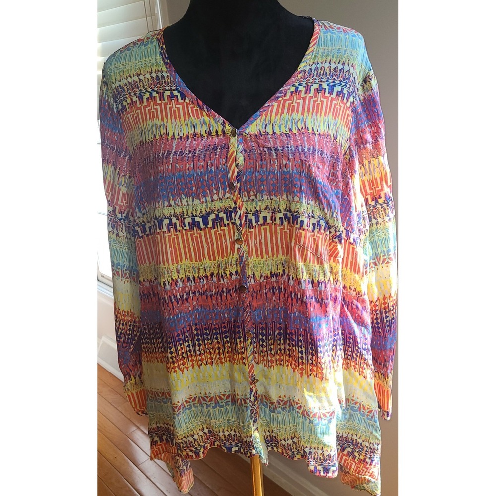 New Directions Button‎ Up Shirt Women 1X BOHO Abstract Sheer Hippie Chic
